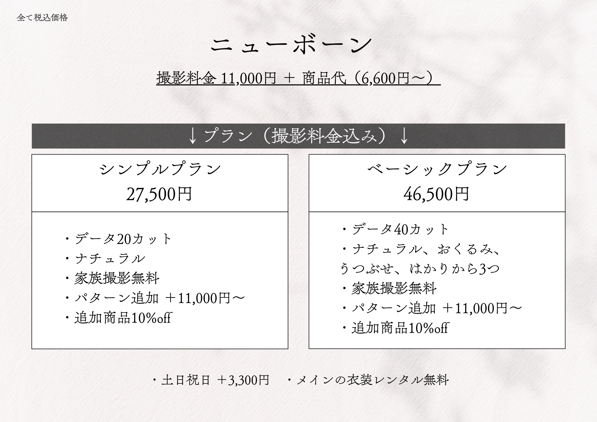 �j���[�{�[�� �B�e���� 11,000�~ + ���i��i6,600�~�`�j
		�v�����i�B�e�������݁j �f�[�^�v���� 27,500�~
		�E�f�[�^20�J�b�g
		�E�i�`������
		�E�Ƒ��B�e����
		�E�p�^�[���ǉ� +11,000�~�`
		�E�ǉ����i10%off
		�A���o���v���� 46,500�~
		�E�f�[�^40�J�b�g
		�E�i�`�������A������݁A���Ԃ��A�͂��肩��3��
		�E�Ƒ��B�e����
		�E�p�^�[���ǉ� +11,000�~�`
		�E�ǉ����i10%off
		�E�y���j�� �{3,300�~
		�E���C���̈ߑ������^������